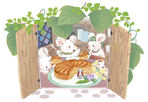 3匹のネズミがガレット・デ・ロワを食べているイラスト