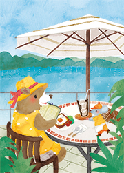 drop8月号表紙イラスト | 湖の見えるカフェとクマ