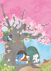 drop4月号表紙イラスト | 桜と冬眠から目覚めたクマ