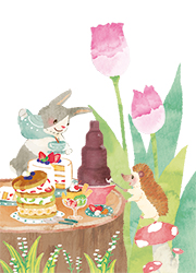 drop5月号表紙イラスト | ウサギとハリネズミの春のお茶会