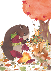 drop10月号表紙イラスト | 焚火で焼き芋をするクマとリス